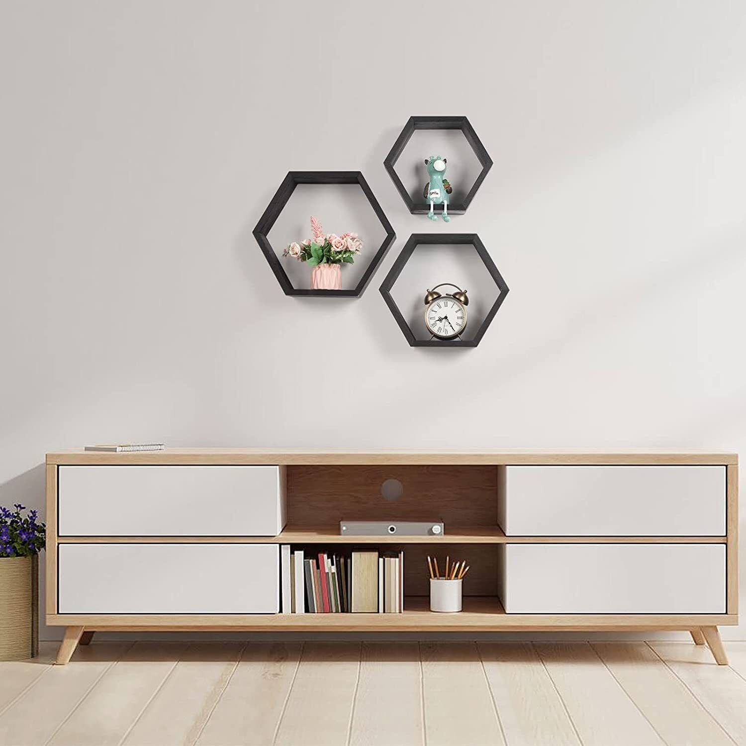 Set of 3 Hexagonal Floating Shevles Wood Farmhouse Storage Wall Decor