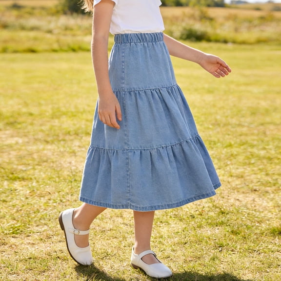 FSYBOA Girls Denim Skirt, Ruffle Summer Casual Mid Length Kids Jean Skirt Blue Size 14-16T