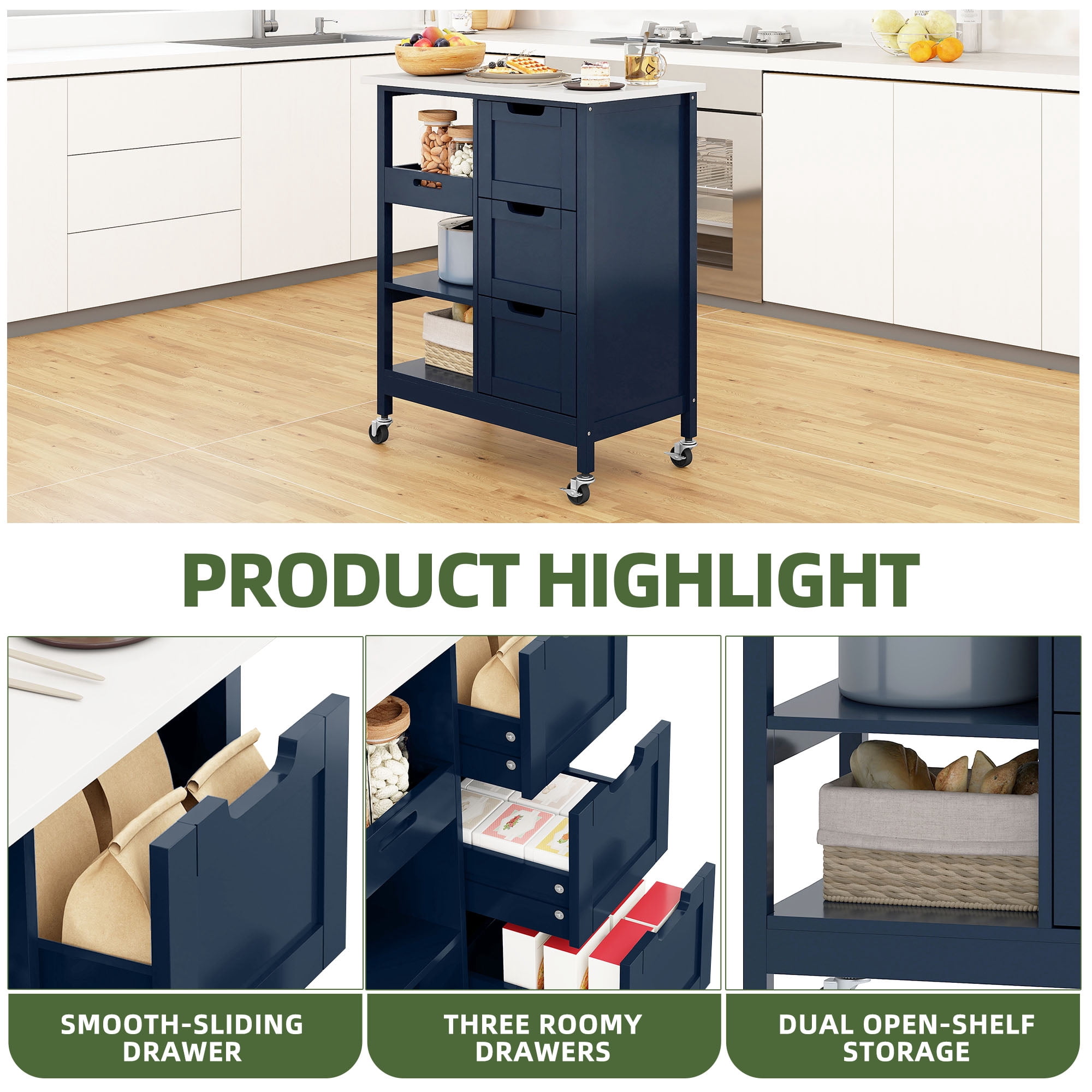 Uforic Kitchen Storage Cart with Drawers & Open Shelves, Rolling Kitchen Island, Blue