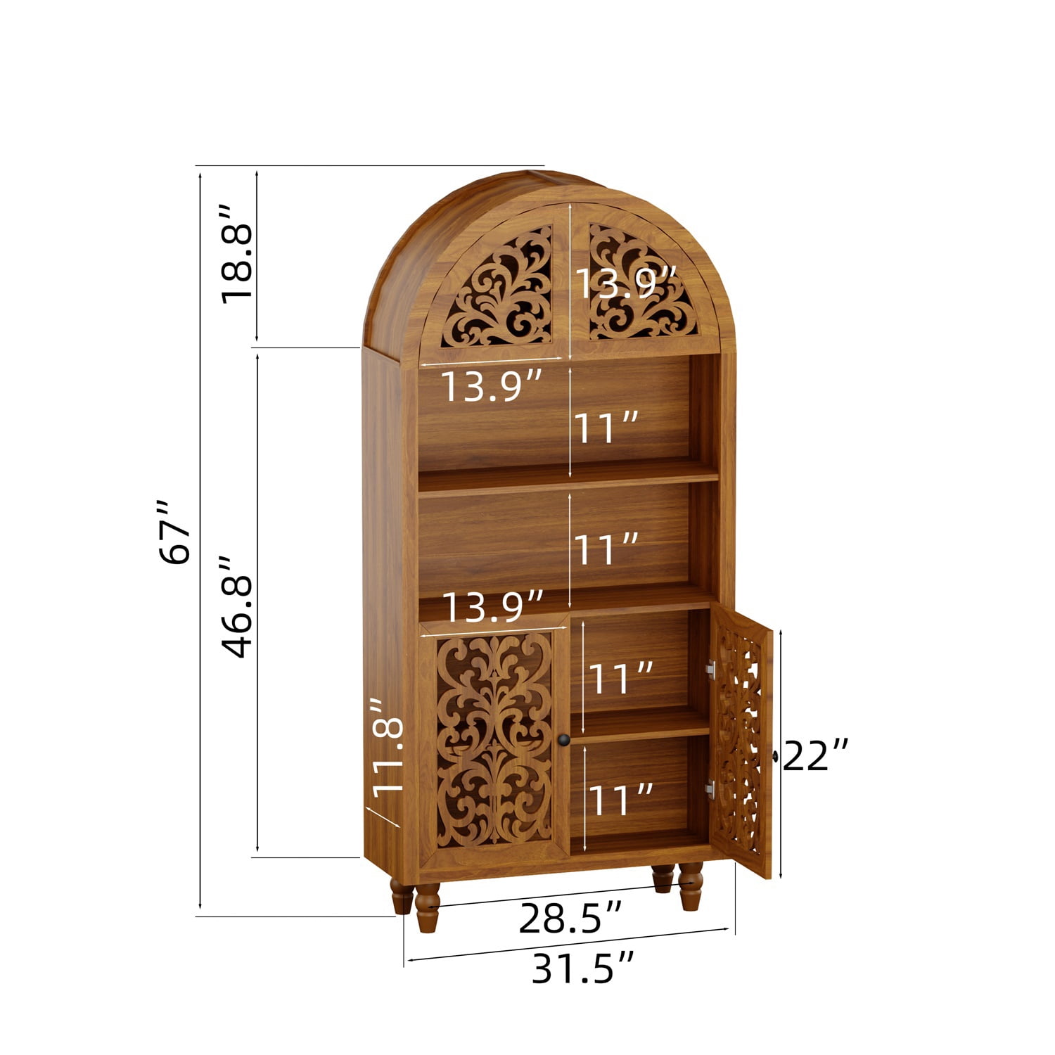 Hommoo 66" Tall Vintage Arched Carved Wooden Cabinet, Open Shelf Bookcase, Freestanding Hollow Carved Decorative Storage Shelf for Home & Office