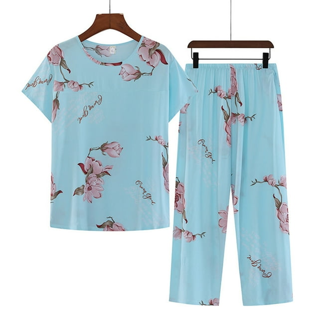 Qertyioot Ensemble de Pyjama T-Shirt pour Femme en Mélange de Coton Été Deux Pièces Manches Courtes Col Rond Hauts Imprimés Pantalons Grande Taille Moins de 15 $