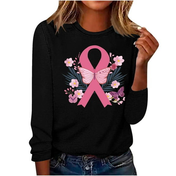 Dasayo Tops for Women Breast Cancer Long Sleeve Pullover Black Sweatshirts Crew Neck Graphic Loose Tees Womens Tees XL