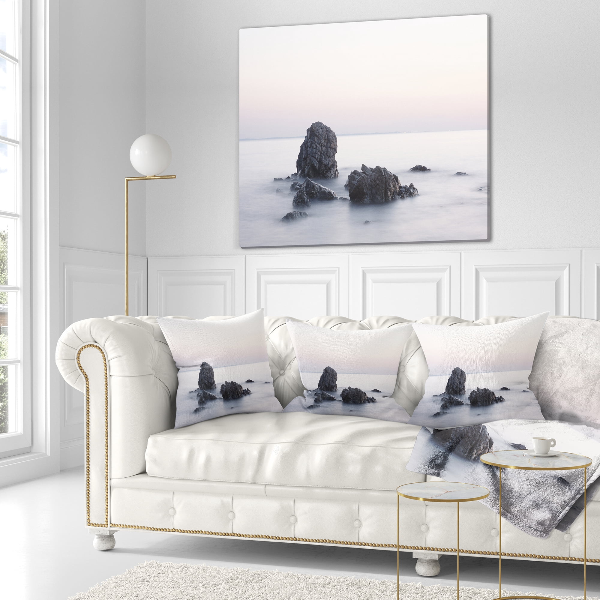 Designart Rocks in the Sea Black and White - Seashore Throw Pillow - 18x18