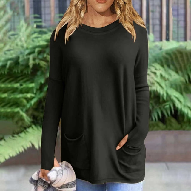Femmes Manches Longues Tops Femme de Mode Manches Longues Tops Couleur Unie Col Rond Tops avec Poche