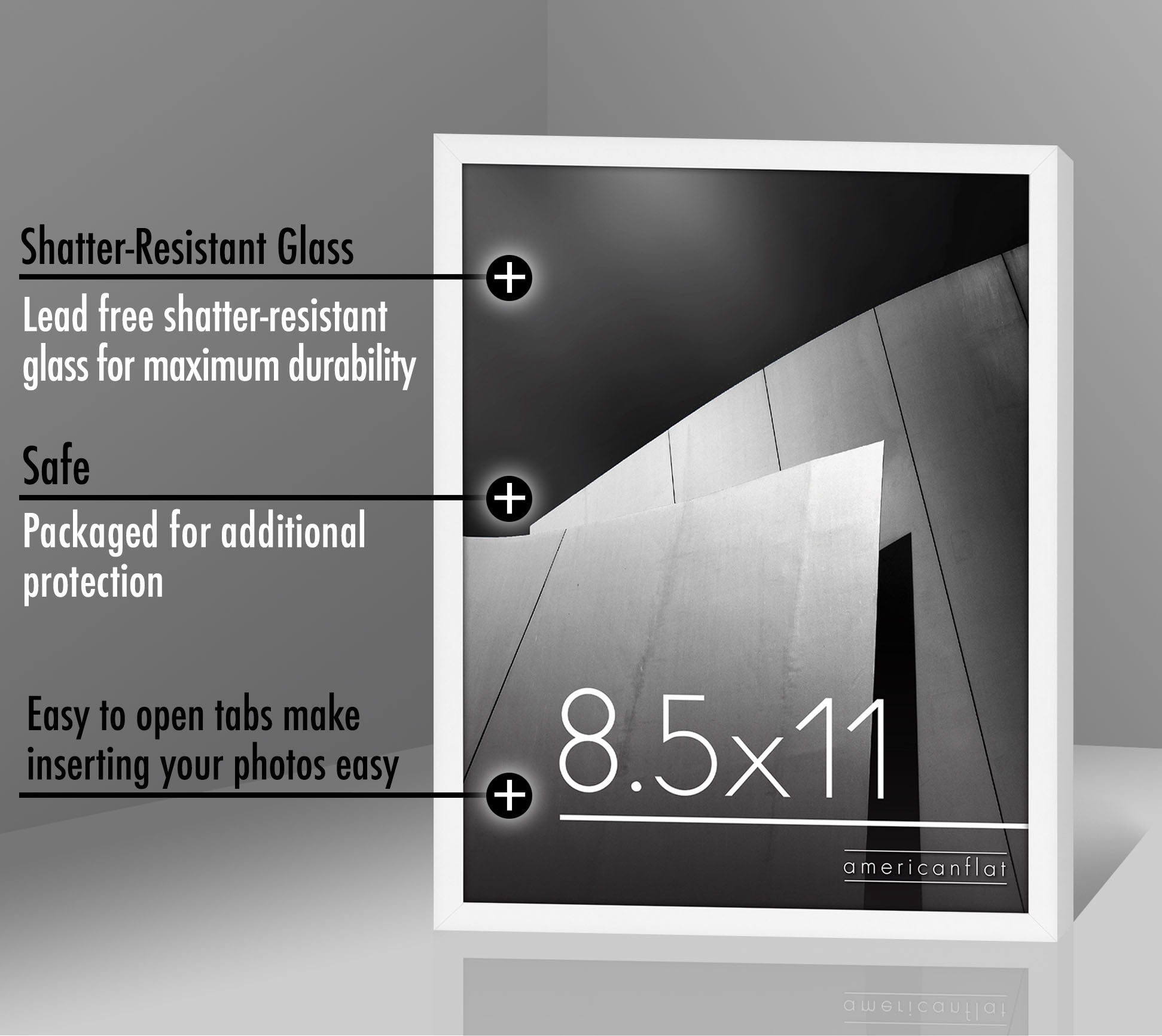 Americanflat 8.5x11 Picture Frame, Plastic and shatter-resistant glass, portrait and landscape display, White