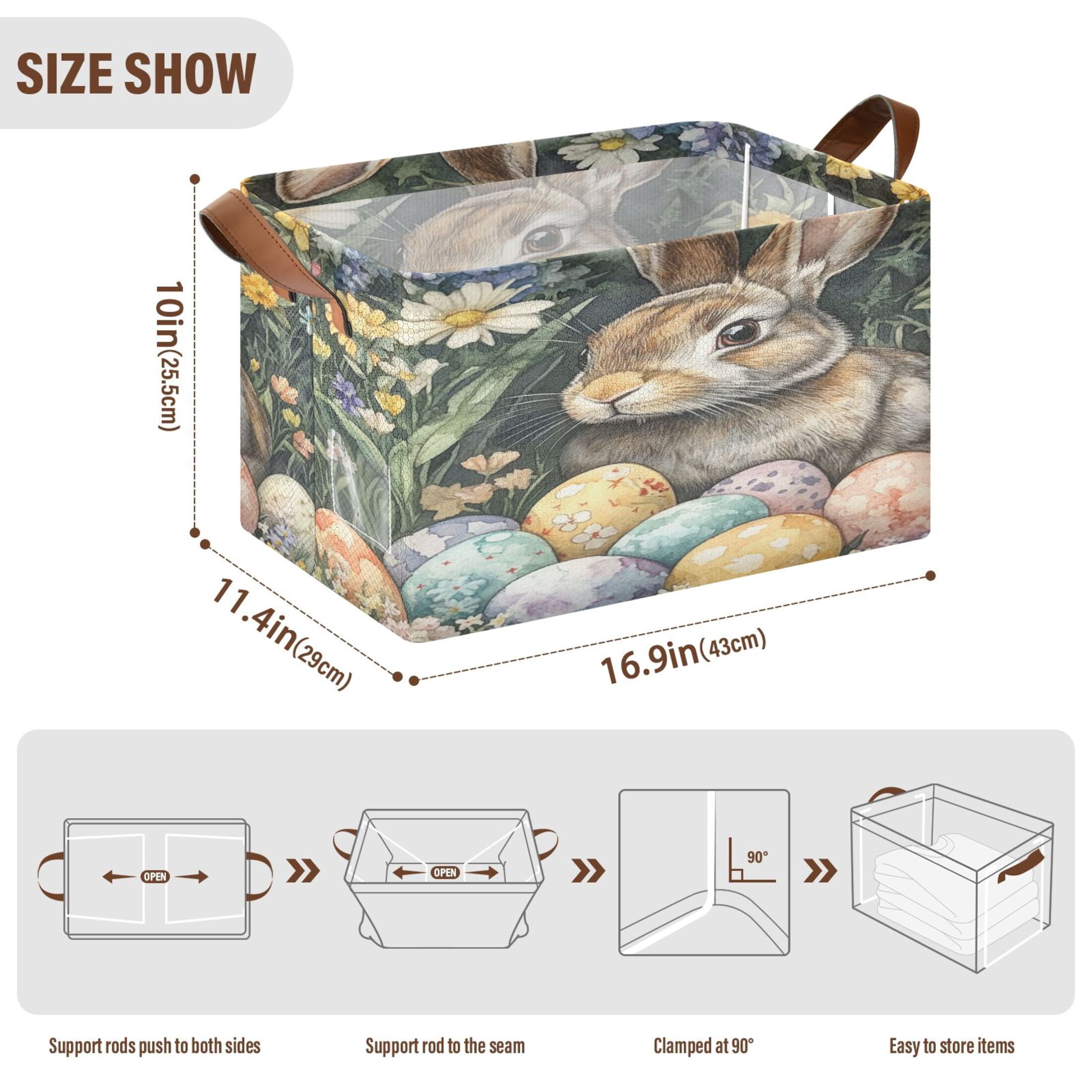 WOBOGO Easter Gray Bunny Storage Basket 16.9×11.4×10in Collapsible Oversized with Metal Iron Frame Set of 1