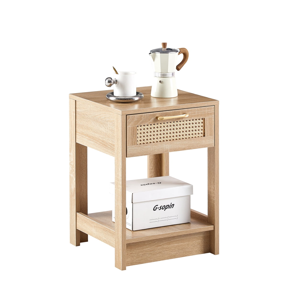 15.75" Rattan End Table with Drawer   Modern Nightstand Side Table for Living Room Bedroom  Natural