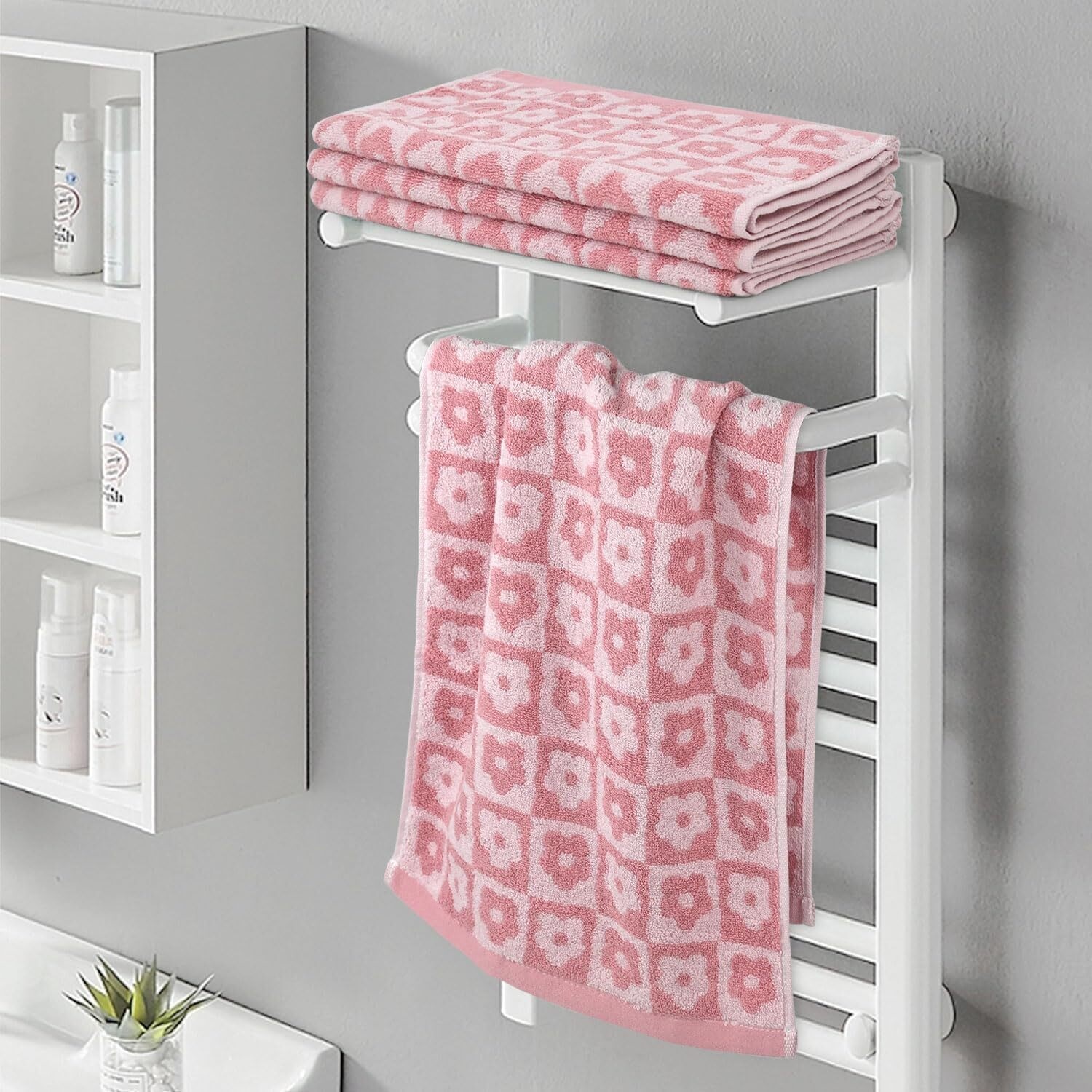 Cotton Hand Towels Pink Checkered Floral - Quick Drying Hand Towel Set of 4, for Women Girls Wife Mom Daughters, 29" x 13"