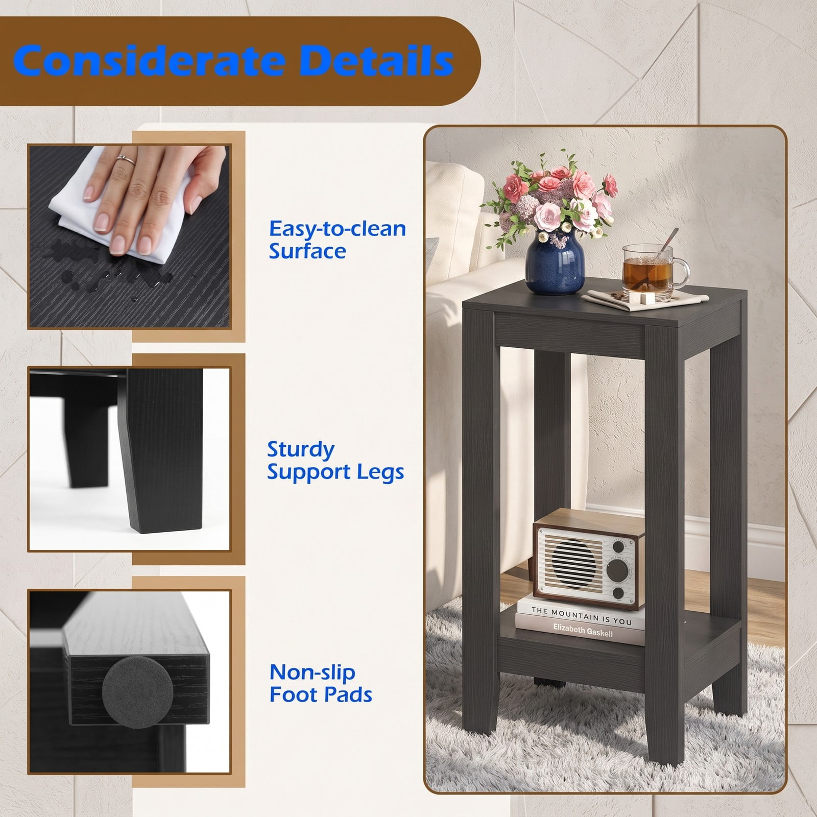 Furnibear 2-Tier Nightstand End Side Table with Wooden Legs and Bottom Storage Shelf for Bedroom Living Room, Compact Anti-Toppling Sofa Side Accent Table, Black