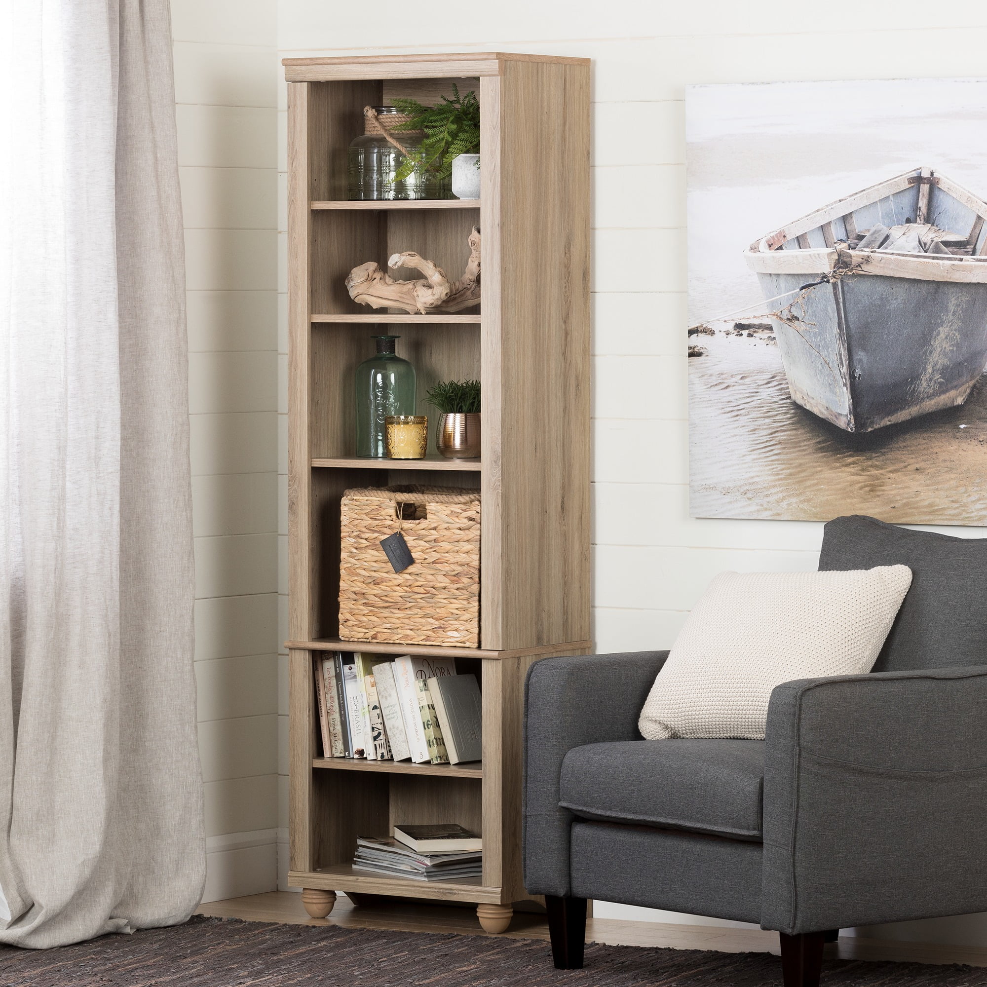 South Shore Hopedale Narrow 6Shelf Bookcase with Rattan Basket