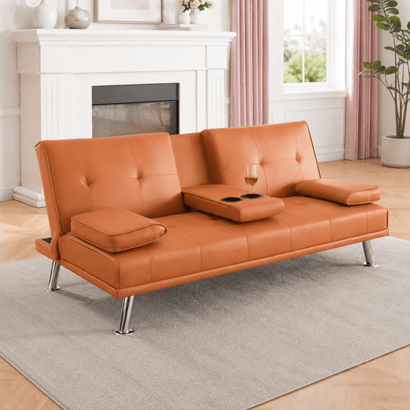 67" Convertible Futon Sofa Bed with Adjustable Backrest, Dual Cup Holders and 2 Pillows, Modern Sleeper Couch for Living Room and Apartment