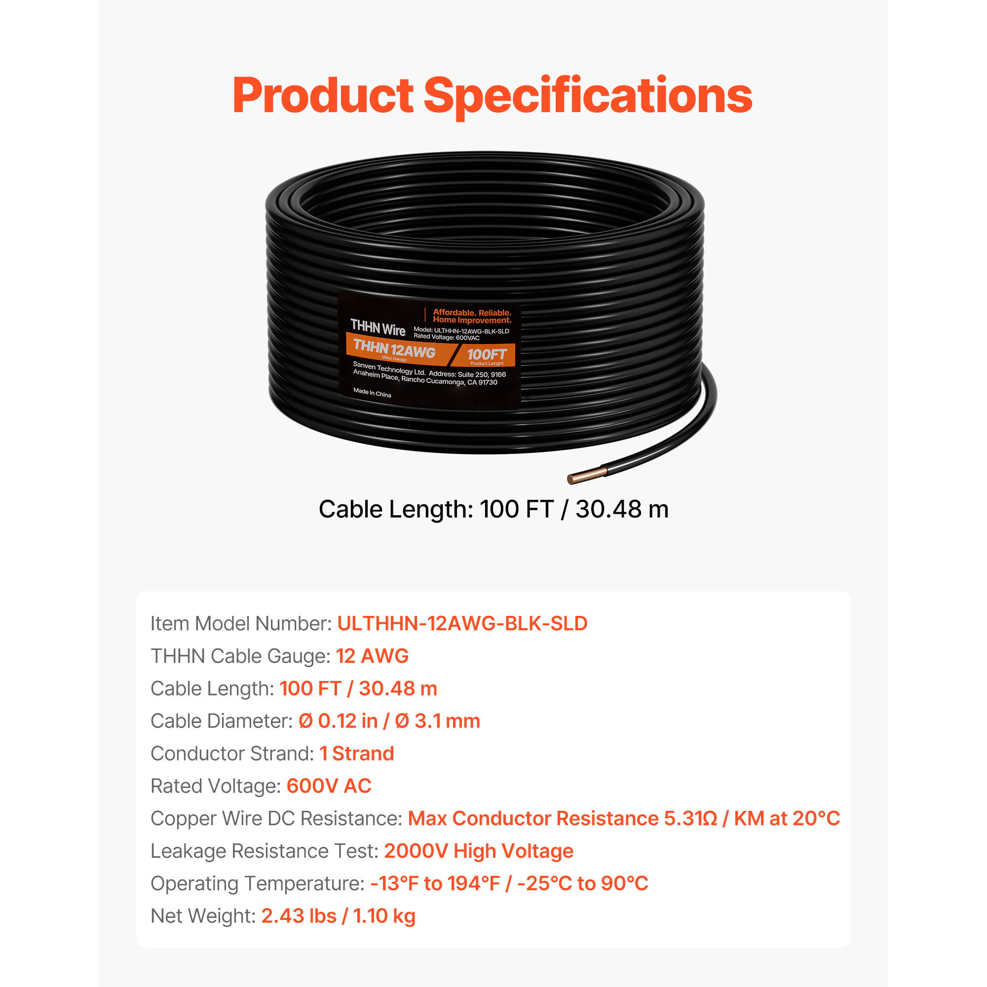 KFFKFF 12 AWG Solid THHN Wire, Pure Copper Electrical Wire with Durable Nylon Coating and PVC Insulation, Suitable for Up to 600 Volts, Ideal for Residential, Industrial, and Commercial Use, Black