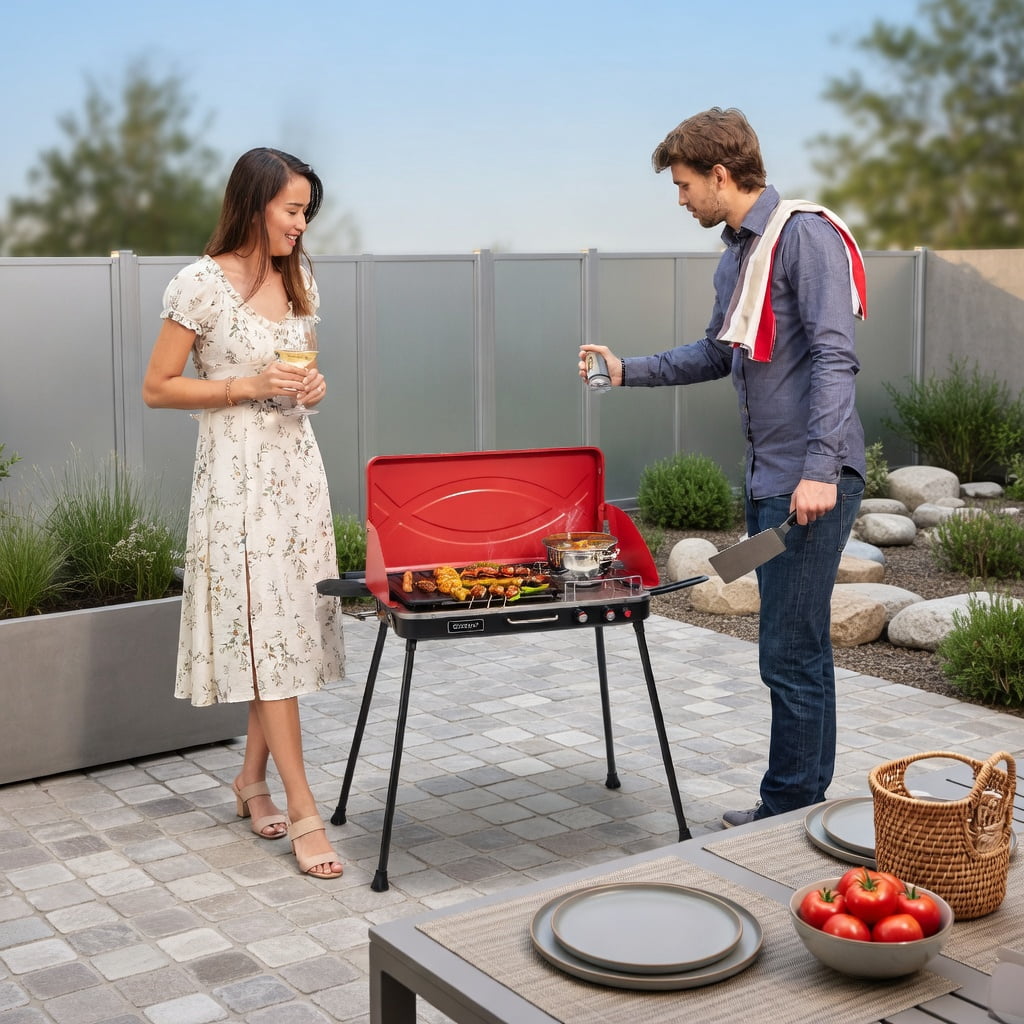 Resenkos Outdoor Barbecues Grill,2-in-1 Gas Camping Grill and Stove with 4 Detachable Legs-Red