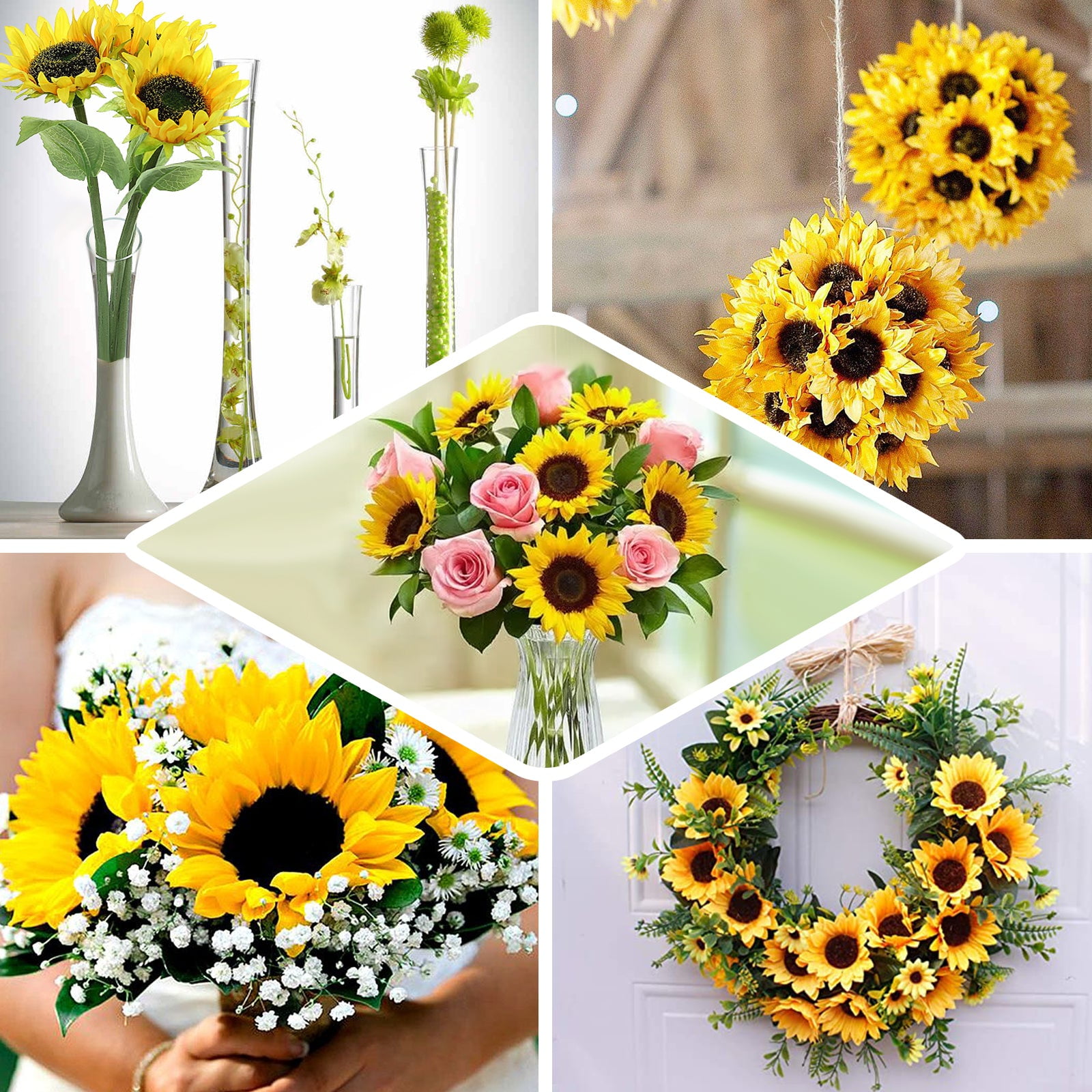 1Pc 3 Heads Large Sunflowers Artificial Flowers 33in Long Stems Silk  Sunflowers Bulk Yellow Bouquets, One Stem Has 3 Flower Heads, Decoration  for House Home Garden Wedding Garden Outdoor Party