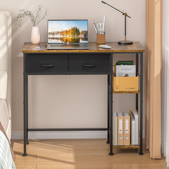 36 Inch Small Computer Desk with Drawers & Storage Shelves, Writing Desk for Home Office Bedroom Living Room Dorm, Rustic Brown