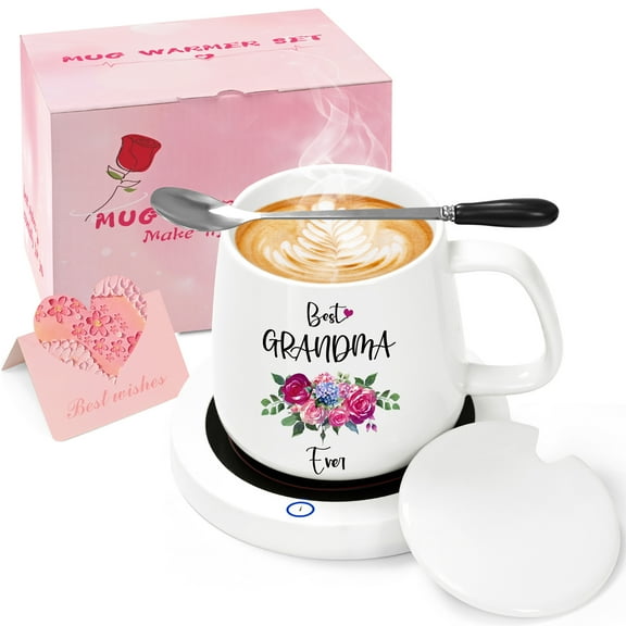 Gifts for Grandma - Best Grandma Ever Coffee Mugs Warmer Set, Auto Shut Off Smart Coaster, Grandma Gifts, Natubeau White 14 fl oz Mugs Smart Warmer