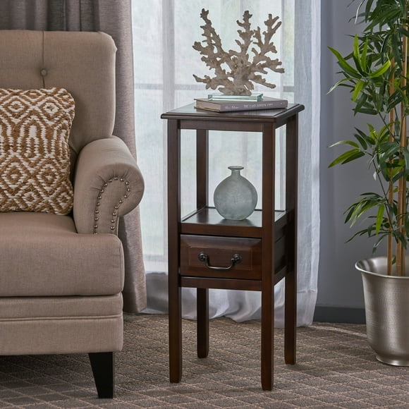 Solid Wood Narrow End Table With Drawer And Open Shelves, 2-Tier Skinny Side Table For Small Spaces, Slim Nightstand For Living Room Or Bedroom