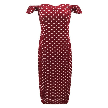 Riforla Sweetheart Top Polka Dot Line Shoulder Tight Bag Sexy Split Dress Casual Belted Dresses for Women Red L
