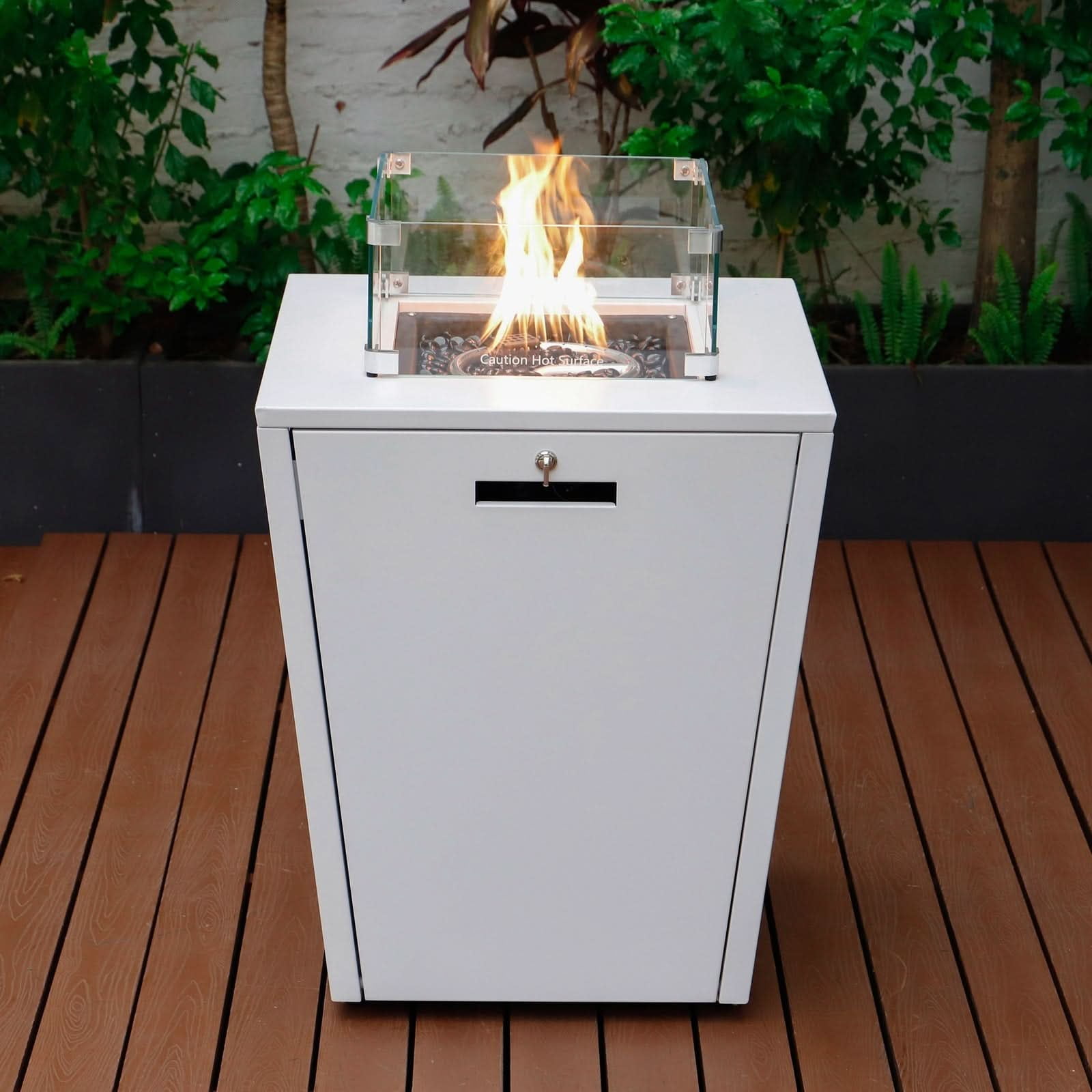 LeisureMod Chelsea 32" Propane Gas Fire Pit Table, White Steel CSA-Certified Outdoor Firepit with Tempered Glass Wind Guard & Lid – Patio Heater for Backyard or Garden