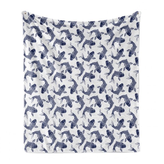 Koi Fish Soft Flannel Fleece Blanket, Carp Koi Sketch Drawing with Detailed Fish Scales Pattern Eastern Marine Life, Cozy Plush for Indoor and Outdoor Use, 70" x 90", Navy Blue White, by Ambesonne