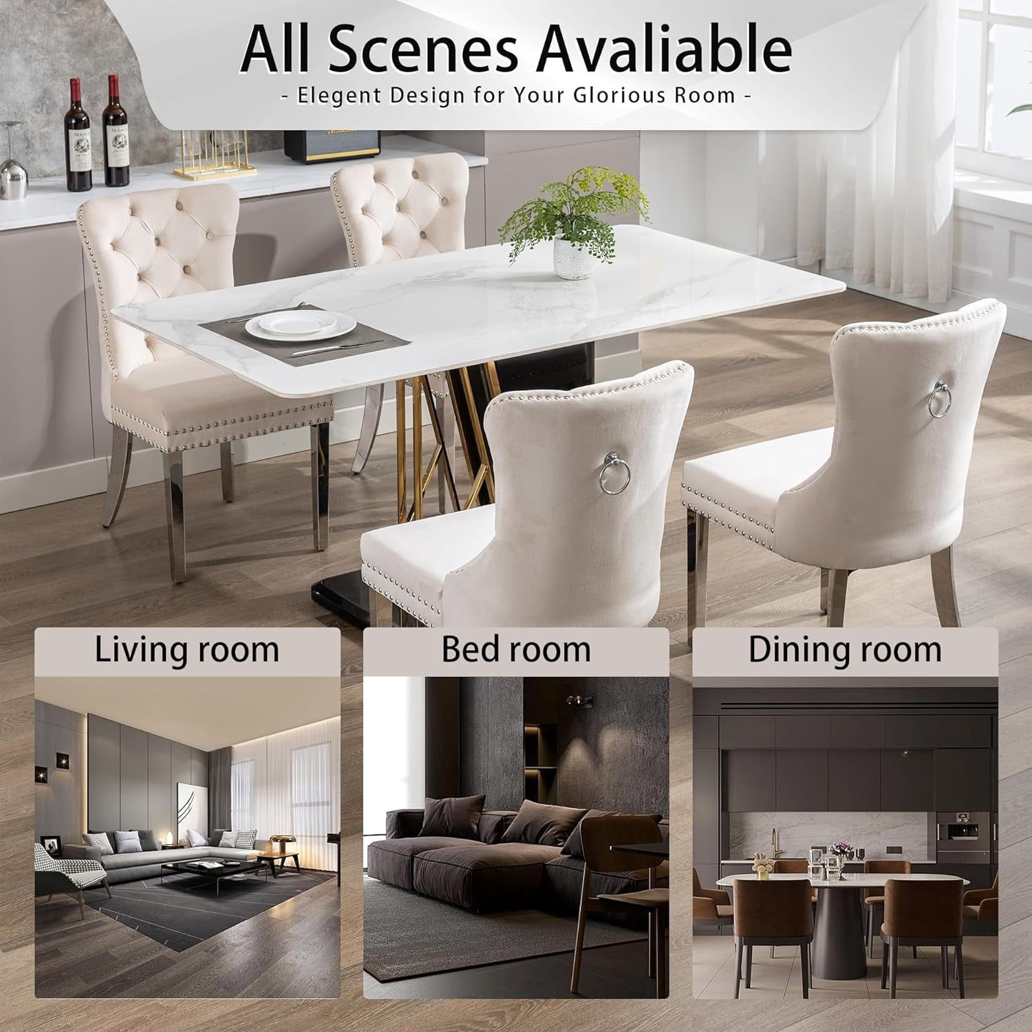 Westice Dining Room Chairs Set of 4, Button Tufted Velvet Chairs with Modern Stainless Steel Legs, Rivet Trim Metal Pull Ring Large Back for Kitchen Dining Room Restaurant, Beige