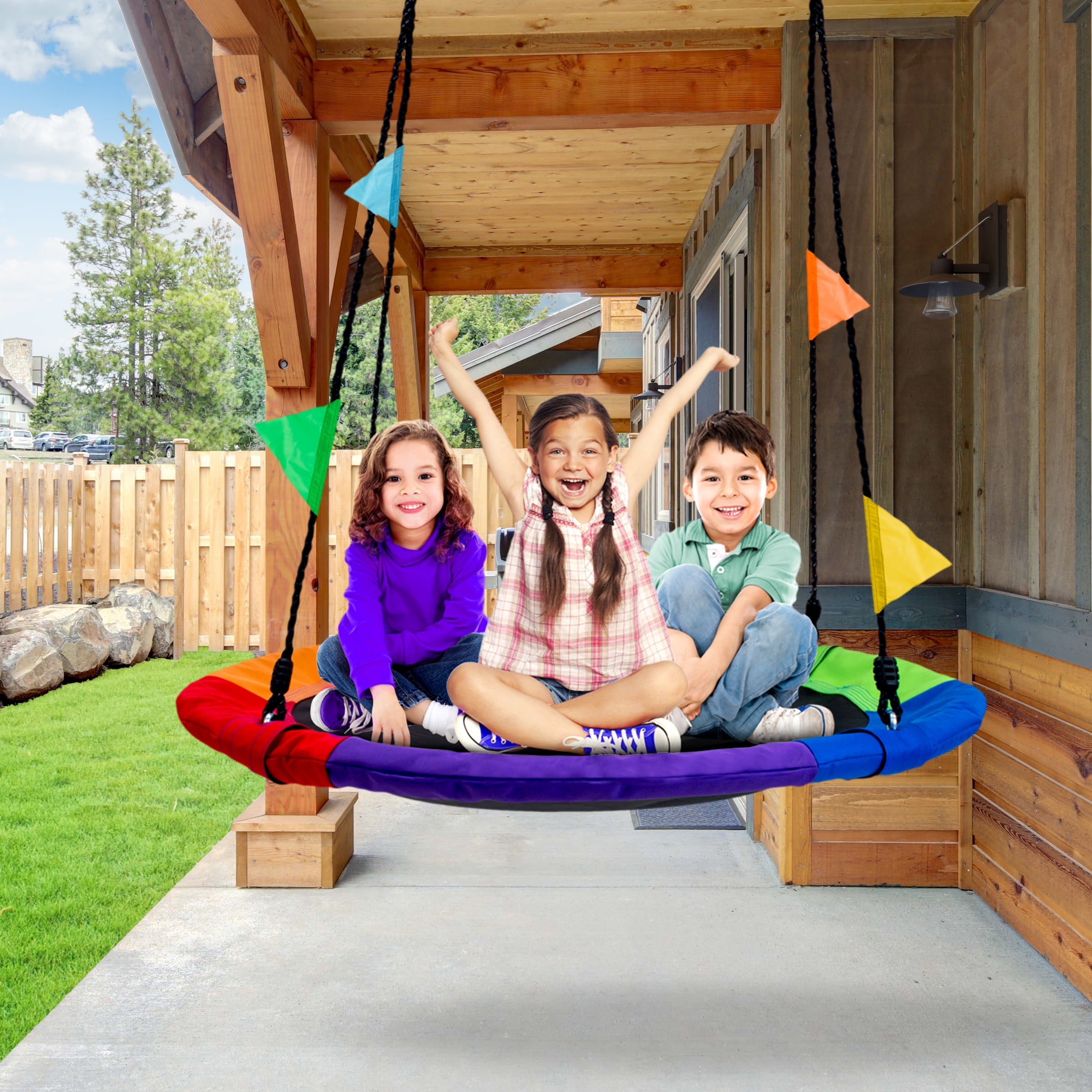 Sorbus 40" Round Saucer Tree Swing Multi-Color with Flags – Durable, Sturdy & Easy to Assemble