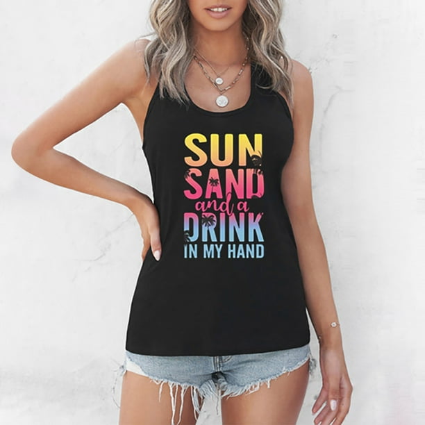 CHGBMOK Womens Tops Womens Tank Top Sexy Casual Fashion Letter Women Solid  Beach Round-Neck Tank Top Tank Tops for Women Womens Summer Tops