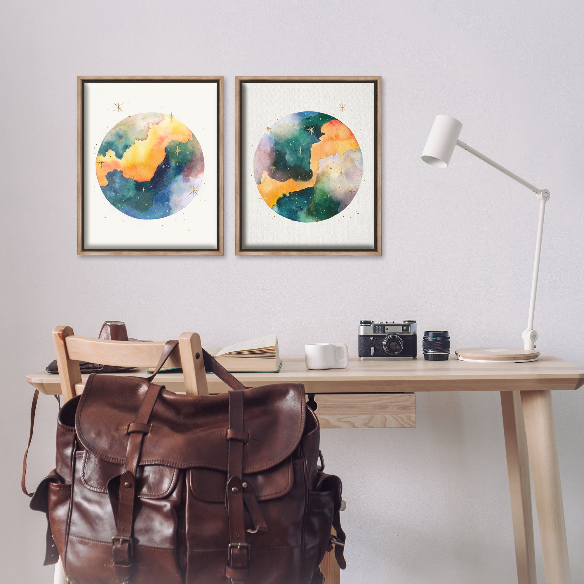 Stupell Industries Outer Space Round Galaxies Astrology & Stars Painting Brown Floater Framed Canvas Art Print Wall Art, 17 x 21, Set of 2