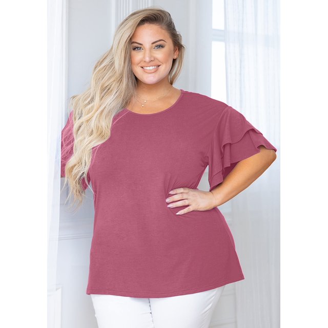 MODERN GOOSE Plus Size Clothes for Women Double Ruffle Short Sleeve Mauve 5X Tunic Shirt Summer Tops Loose Fitting Clothing