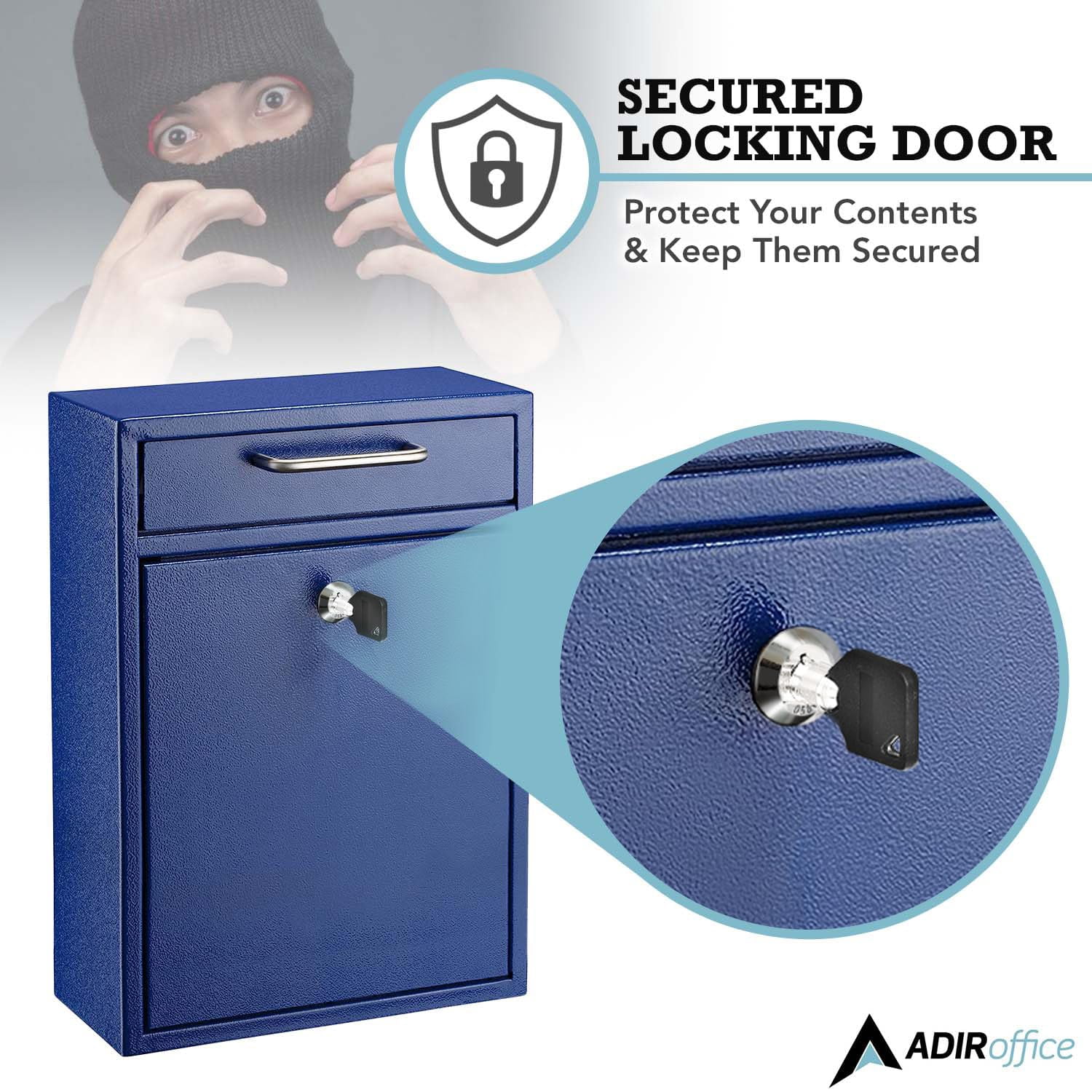 AdirOffice Wall Mount Mailbox - Mailbox with Lock and Keys- Durable Wall Mounted Locking Mailbox and Cash Drop Box for House, Apartments and Bussiness After Hours Deposits