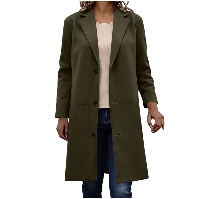WRKEKC Coats for Women Long Sleeve Solid Color Button Multi Pocket Wool Blend Long Jacket Top for Daily Appeal and Functional Design