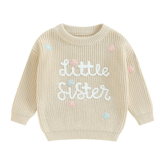 Musuos Baby Girl Fall Sweater 0-18Months FloralLetter Embroidery Long Sleeve Round Neck Chunky Knitwear Pullover