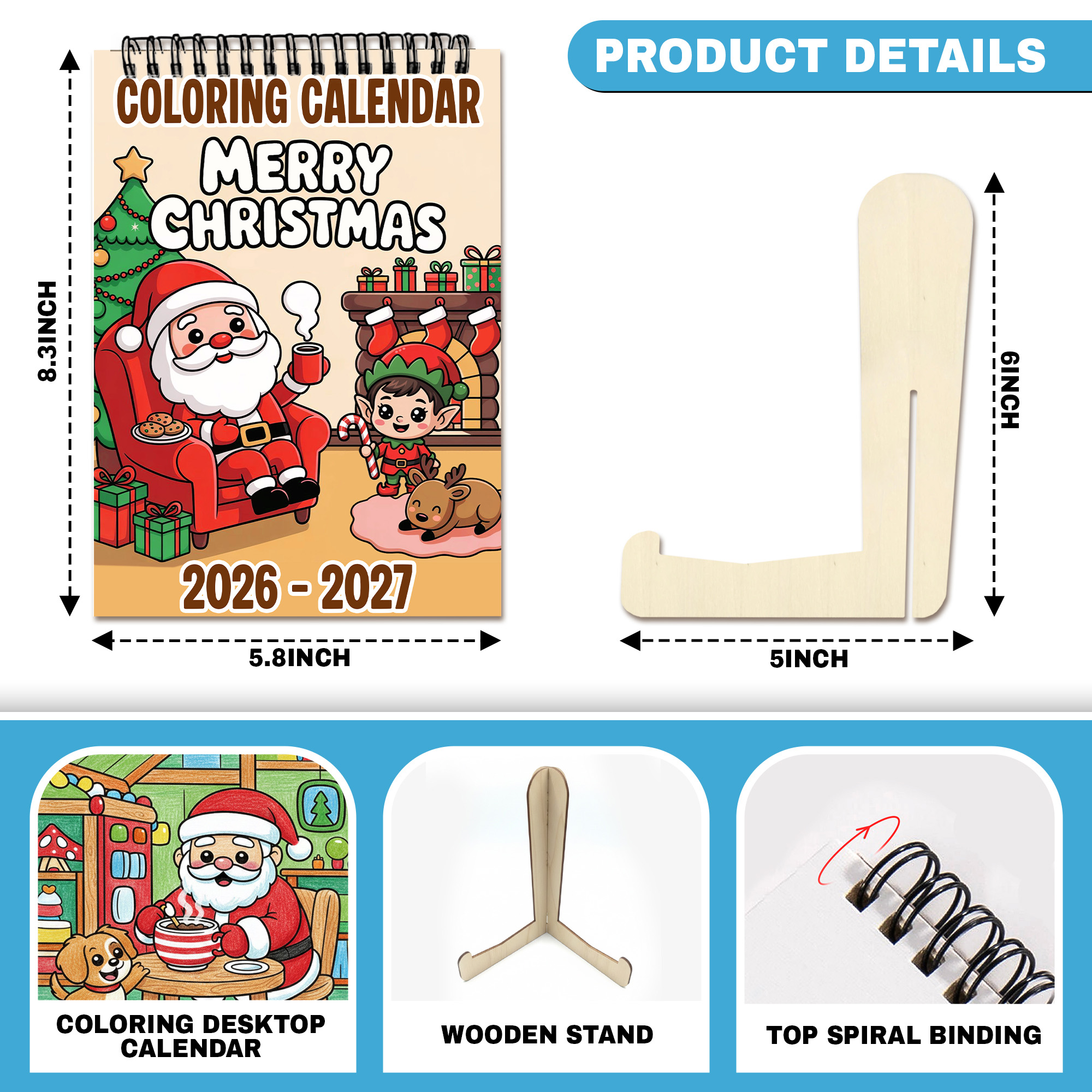 Merry Christmas Coloring Desk Calendar 2026–2027, A5 Wooden Cover Planner with 26 Easy Coloring Pages for Adult Relaxation, 24 Month Desktop Calendar with Stand, Gift for Family & Friends