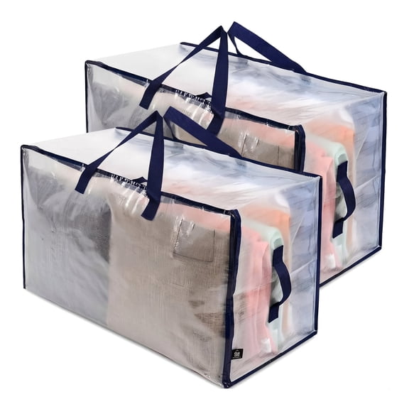 2 count Extra Large Clear Storage Totes, Heavy Duty Bags with Reinforced Handles and Double Zipper for Clothes Organizing