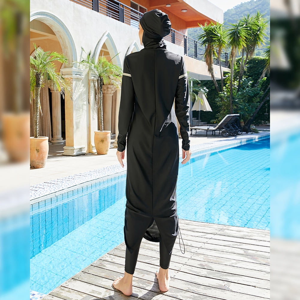 IBTOM CASTLE Muslim Swimsuits for Women Modest Islamic Arabic Swimwear Burkini Full Cover Hijab Top Pants Swimming Cap Bathing Suits XL Black + White