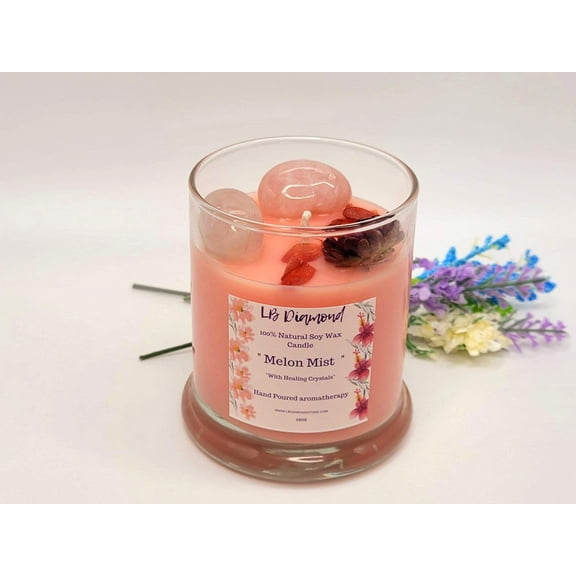 Melon Mist Natural Soy Wax Candle Highly Scented with Rose Quartz Crystals