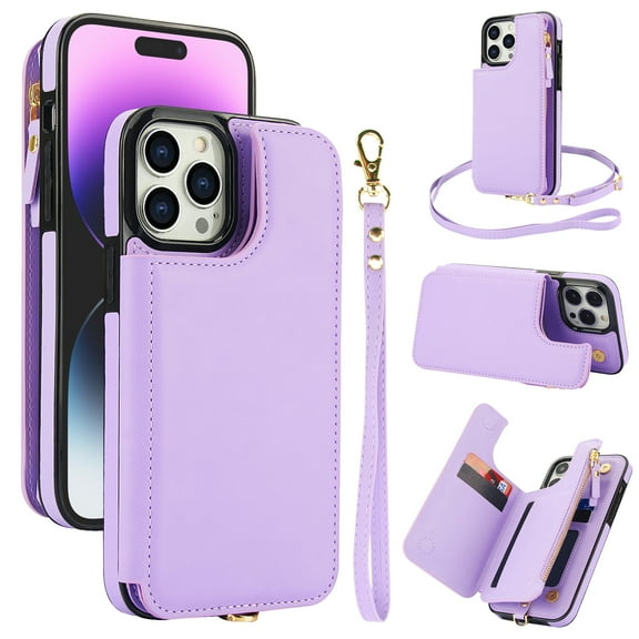 Wallet Case for Apple iPhone 13 Pro Max, with Crossbody Shoulder Strap & Hand Wrist Cards Holder Zipper Pocket Stand Feature Full Protective Shockpoof Phone Case for iPhone 13 Pro Max, Lightpurple