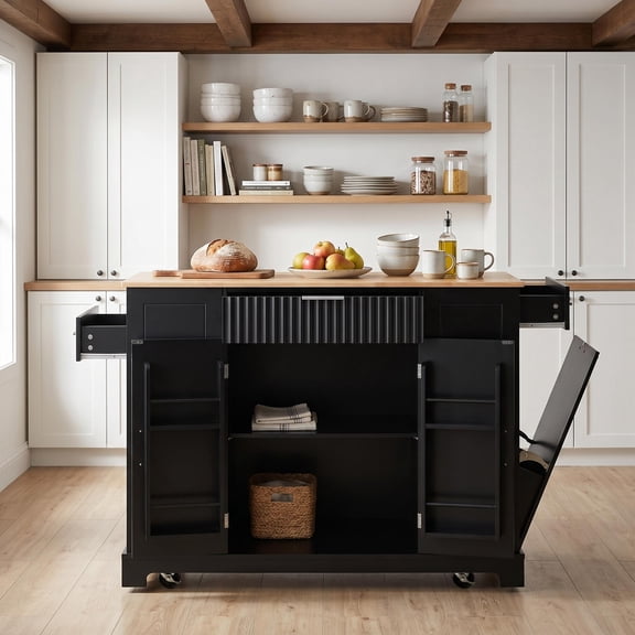 Homy Casa Kitchen Island with Power Outlet, Hidden Trash Bin, Rolling Storage Cabinet with Drawers, Black
