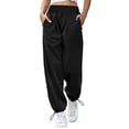 thumbnail image 1 of Pantalones elásticos de cintura alta para mujer, negros, holgados, de pierna ancha, con bolsillos con cordón y lazos en los tobillos, talla L, 1 of 6