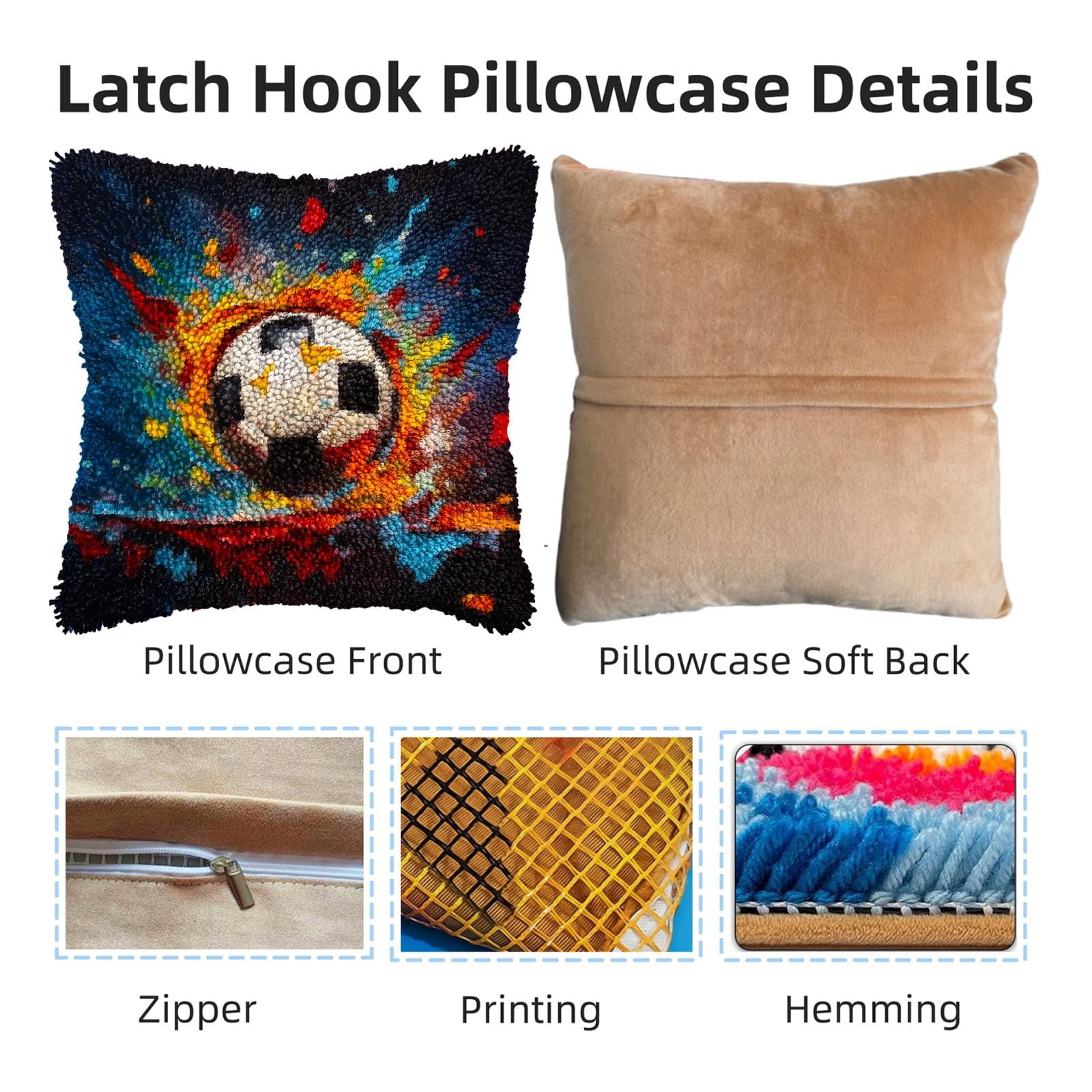 Textured Pigment Soccer Ball DIY Latch Hook Pillow Kits for Adults Printed Pillowcase Crochet Yarns Hooking Handmade Pillow Cover Cushion for Home Sofa Decoration 17x17inch