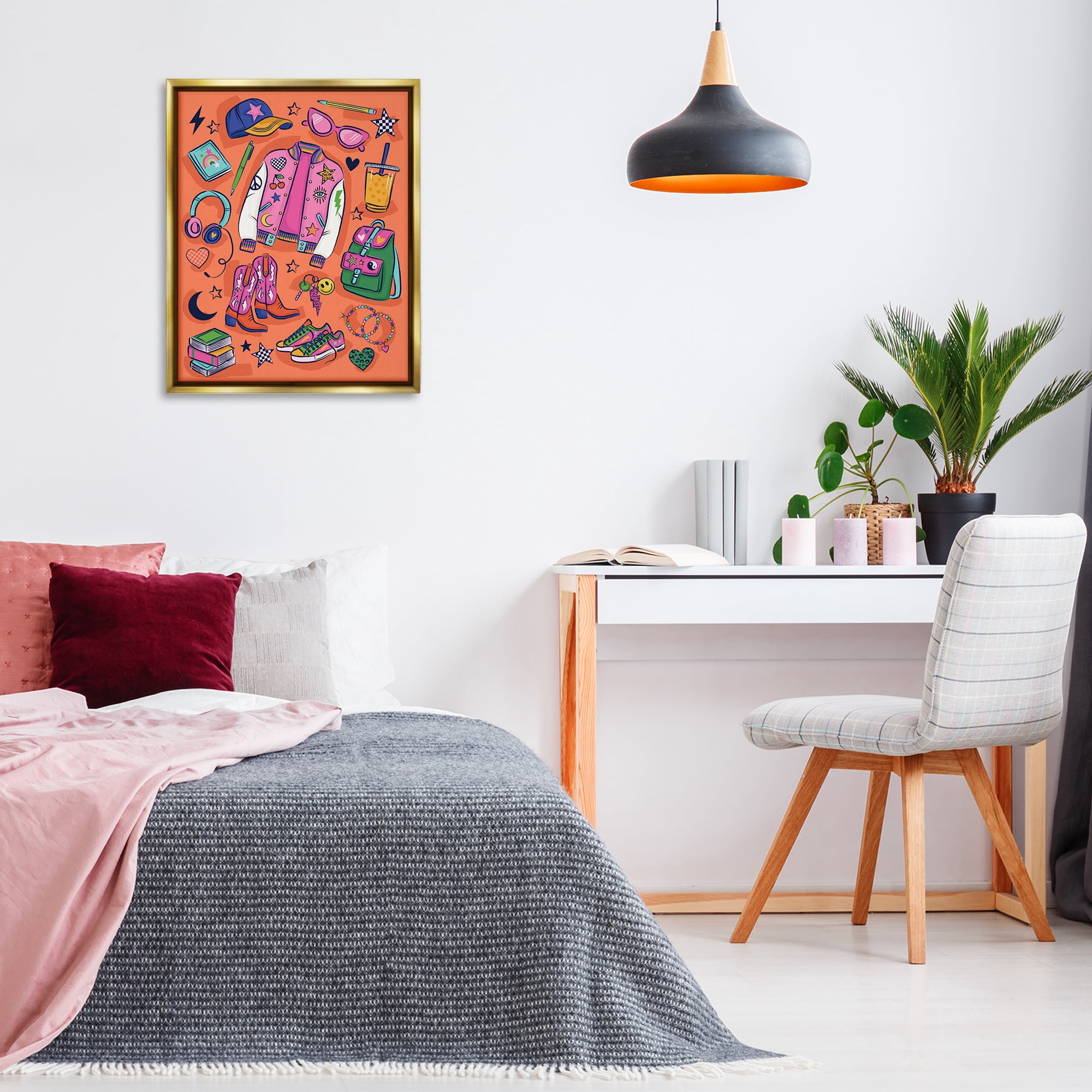 Stupell Industries Bright Fashion School Essentials Fashion Painting Gold Floater Framed Canvas Art Print Wall Art, 25 x 31