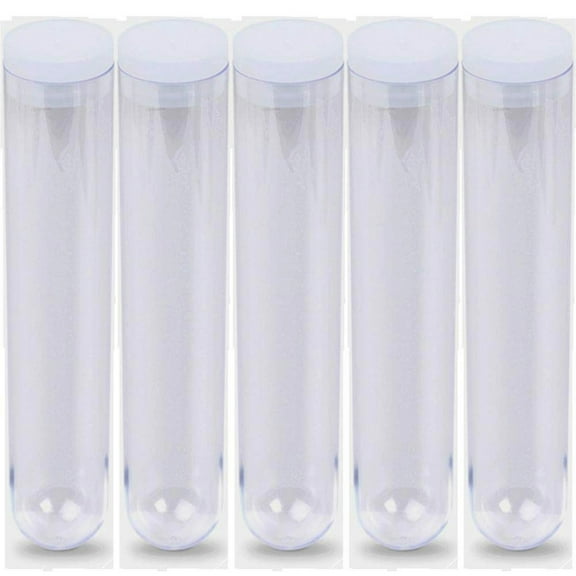 40x197mm Test Tubes, PS Plastic, Round Btm, 200ml Vol, With 40mm Plastic Cap, Natural, Karter Scientific 402V2 (Pack 5)