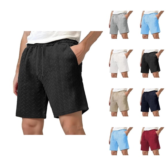 Mens Shorts Summer Casual Jacquard Textured Elastic Waist Straight Leg Relaxed Fit Beach Shorts with Pockets