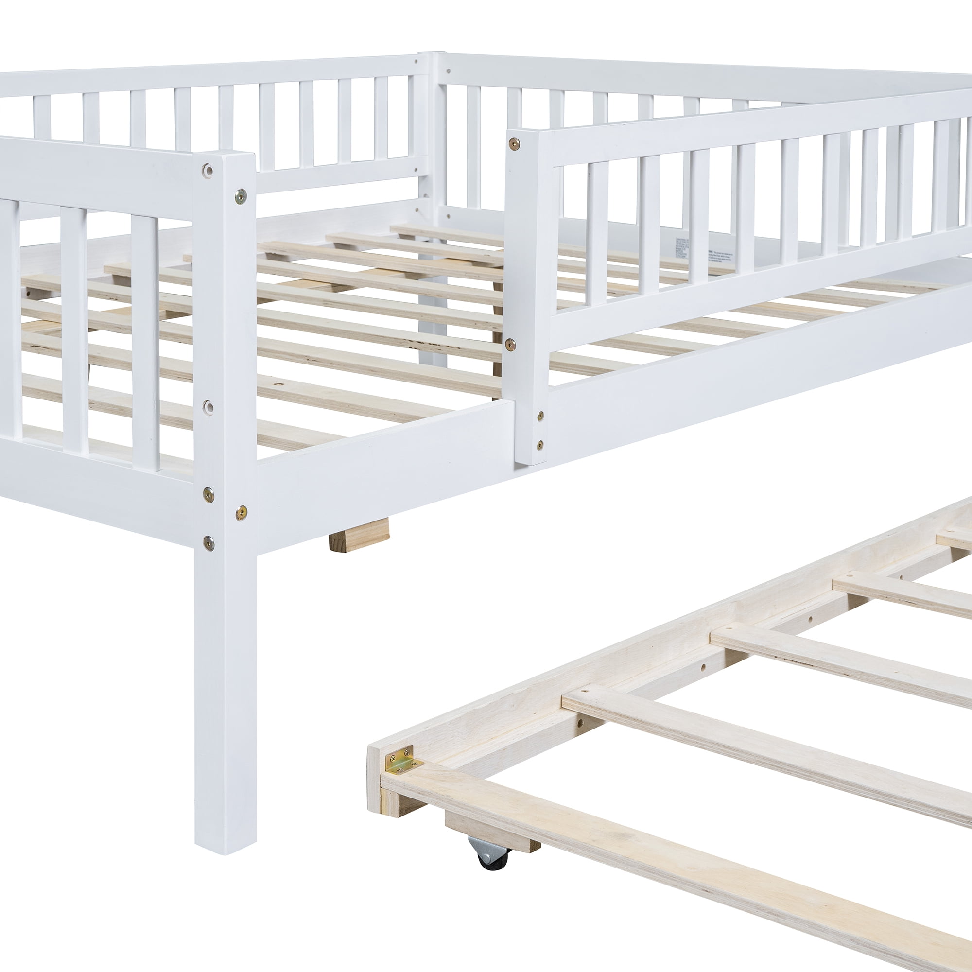 Full Size Wood Daybed with Trundle and Fence Guardrails, White