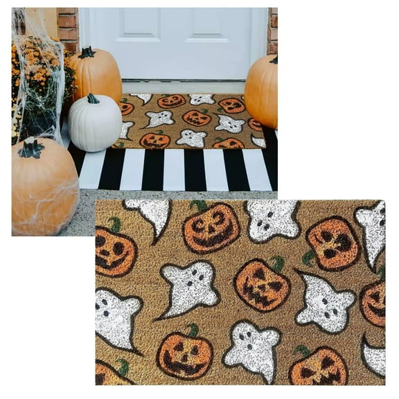 Halloween Natural Coir Doormat Ghost Pumpkin Bat Candy Welcome Floor Mat Non-Slip Entrance Door Rugs for Indoor Outdoor Bathroom Porch Decor, 16 x 24 Inch