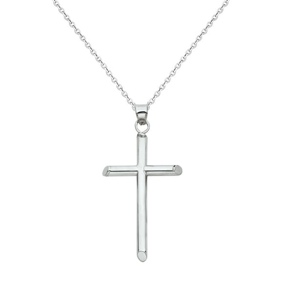 Wellingsale 14k White Gold Polished Classic Cross Charm Pendant with 1.6mm Side Diamond Cut Cable Chain Necklace - 16"