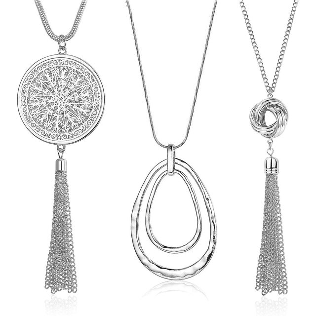 Dhrs 3 uds collar con colgante largo Compatible con mujeres círculo nudo borla collar suéter cadena declaración collar conjunto kaili Sencillez
