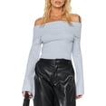 thumbnail image 4 of Women Off The Shoulder Sweater Long Sleeve Solid Knit Pullover Slim Fit Crop Tops, 4 of 6