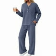 thumbnail image 4 of felwors Women 2 Piece Pajamas Sets Long Sleeve Casual Ribbed Lounge Set Fall Pj V Neck Loungewear Outfit Blue, XXL, 4 of 8