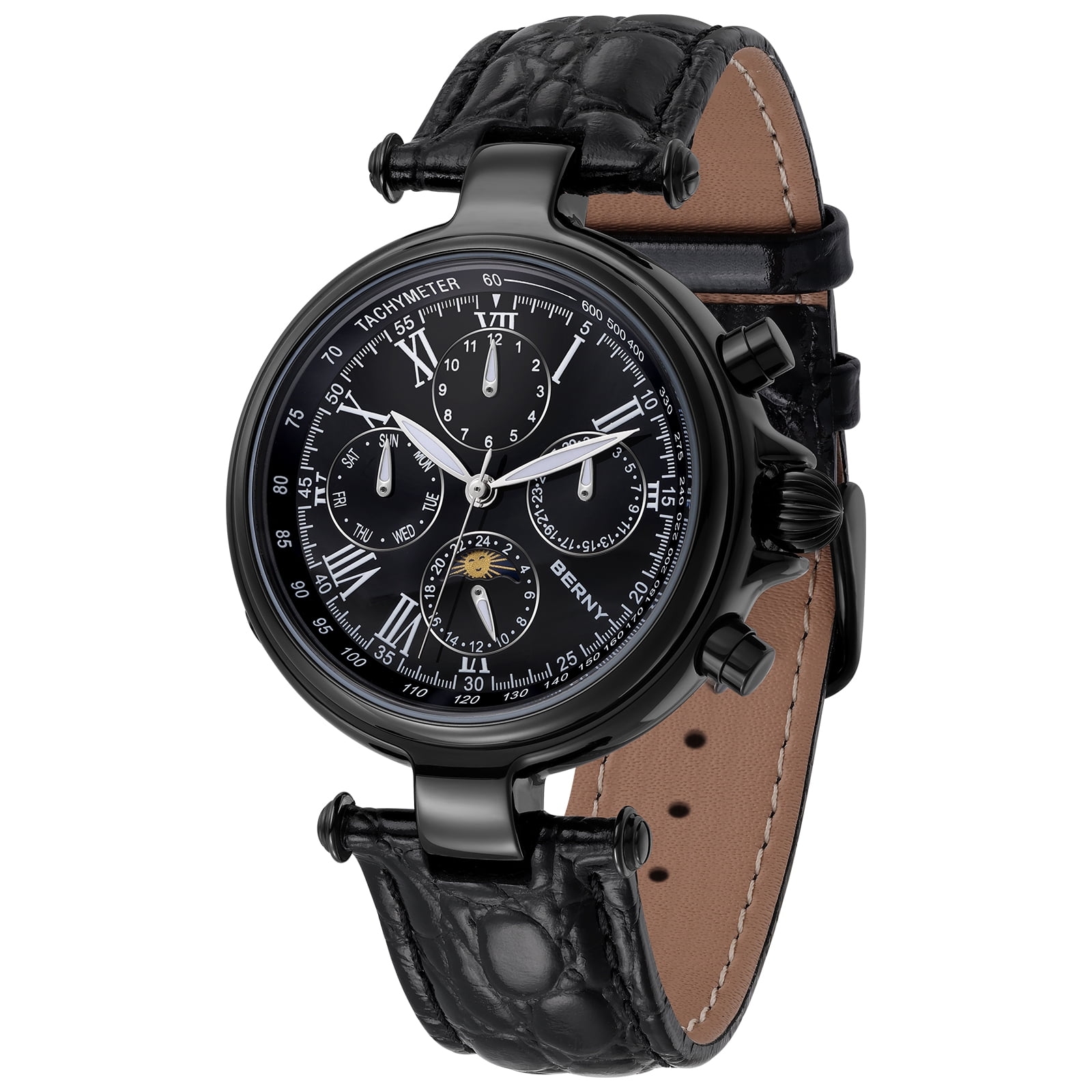 BERNY Automatic Watch for Men Classic Mechanical Self Winding Wristwatch 3ATM Waterproof Multi-Functional Dials Date, Week, Month and Moon Phase